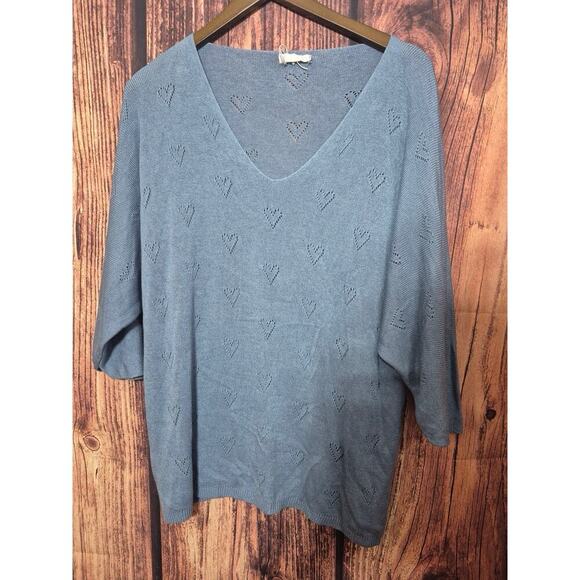 Made In Italy Women Sweater Blue Heart Knit Pullover Viscose Blend Stretch Vneck - Picture 1 of 6